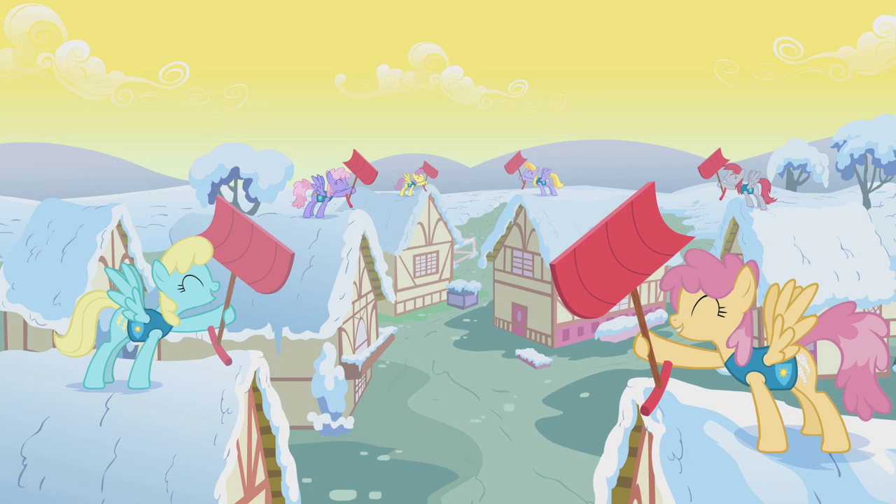 Ponyville's residents, participating in the Winter Wrap Up S01E11.png